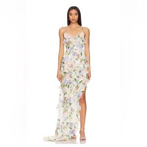 Elliatt Floral Ruffle Asymmetric Slip Dress in White, Green, Lavender